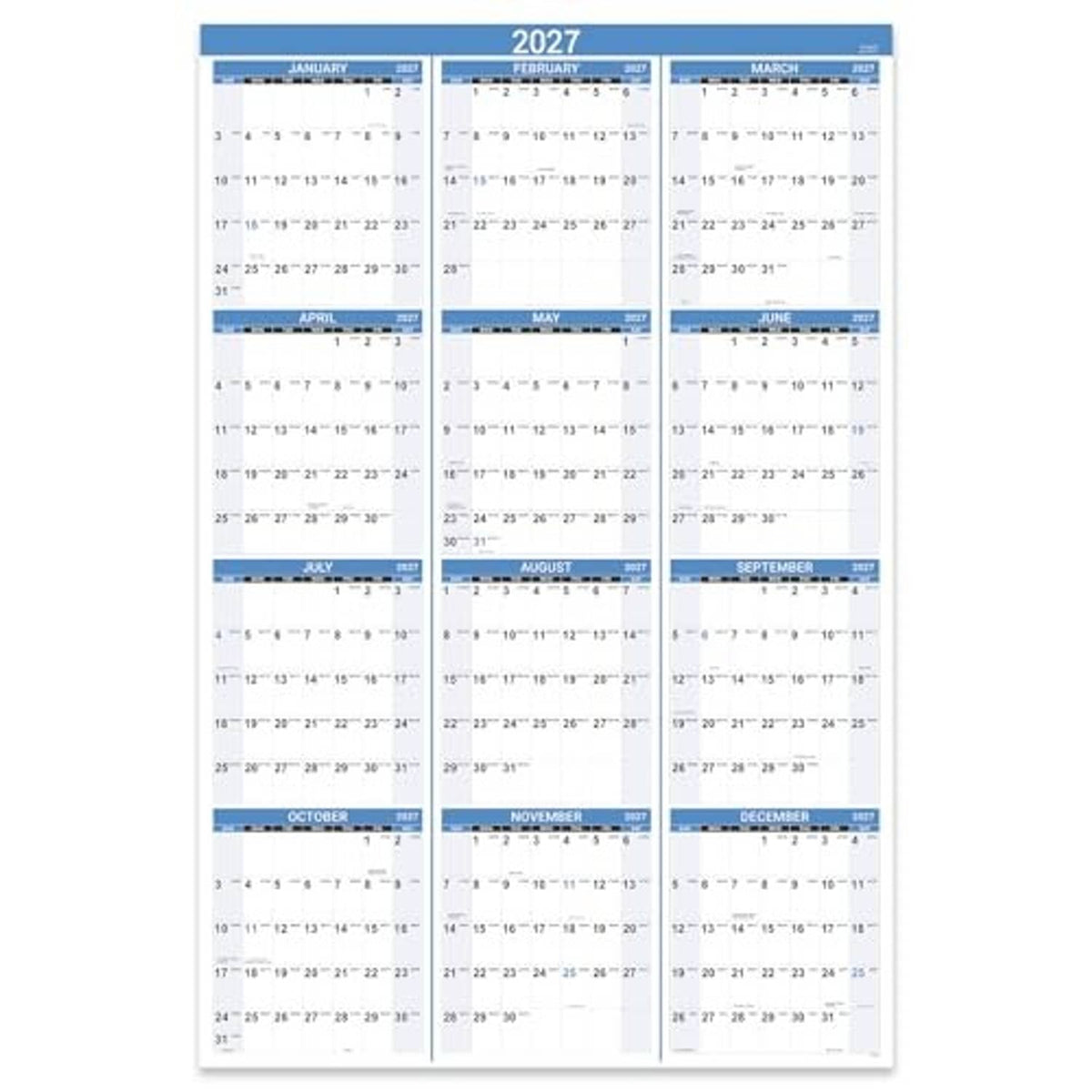 2027 wall calendar full view with blue header strips and a twelve-month date grid.