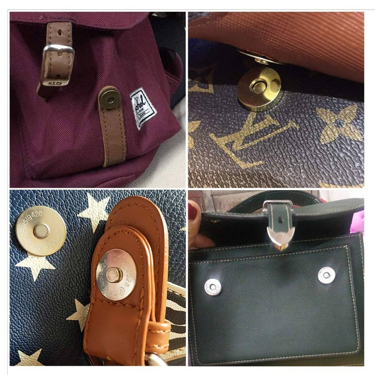 Magnetic purse snap closure on handbag strap, round metal snap button and receiver