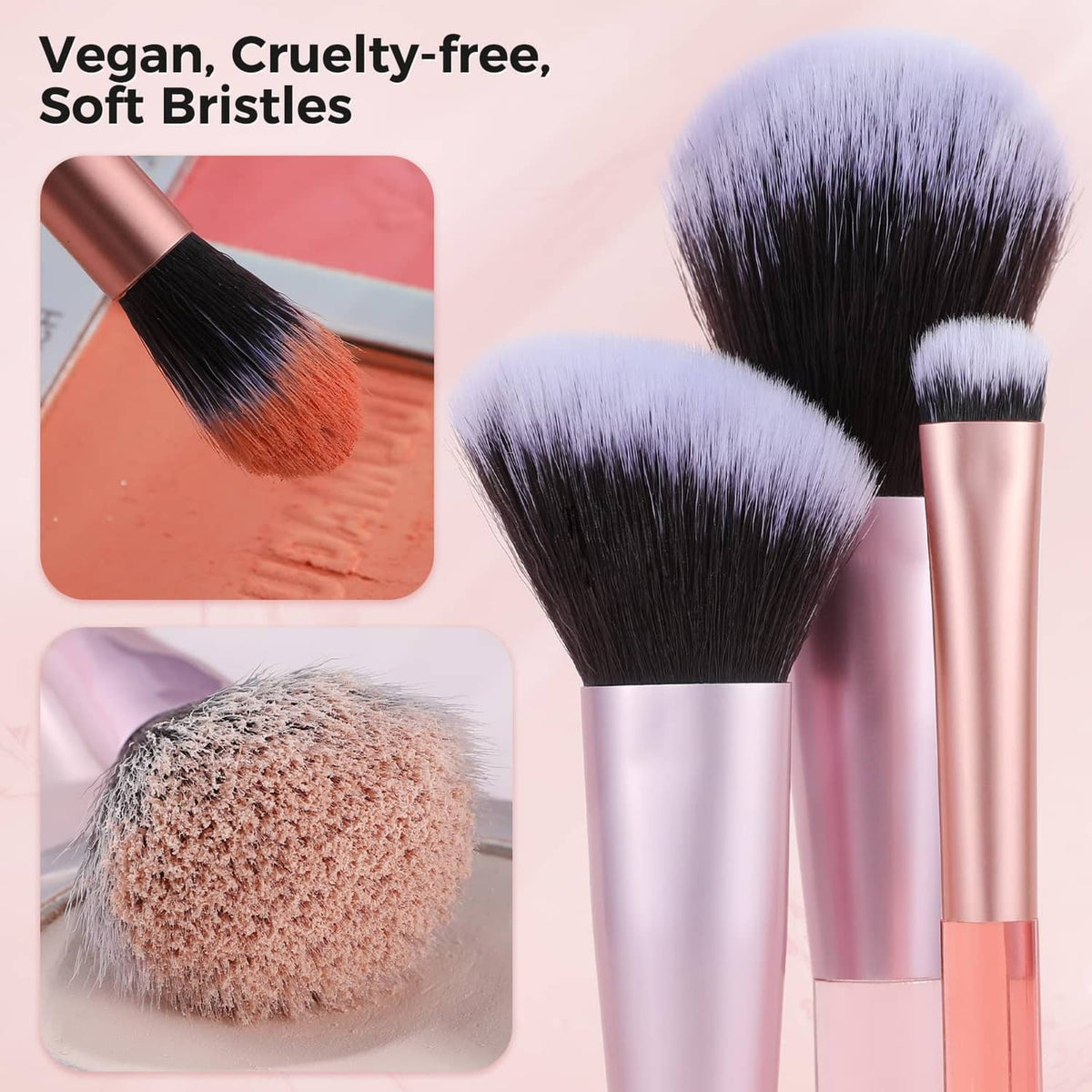 Mini makeup brush set with soft dark bristles and rose-gold and lilac handles