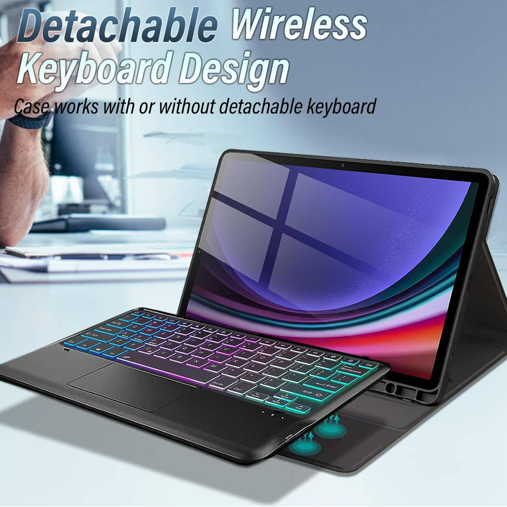 Black folio keyboard case with colorful backlit keys and tilted stand tablet view