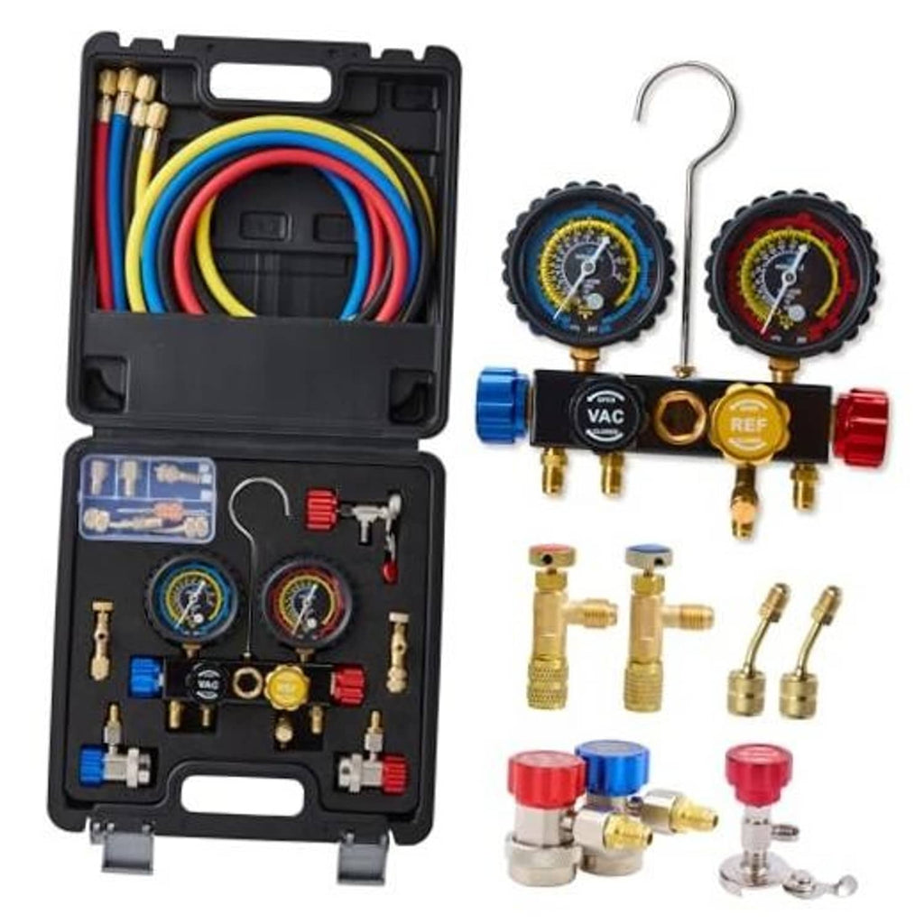 Automotive AC manifold gauge set with two color dial gauges, hoses, and brass fittings in case