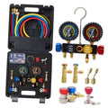 Automotive AC manifold gauge set with two color dial gauges, hoses, and brass fittings in case