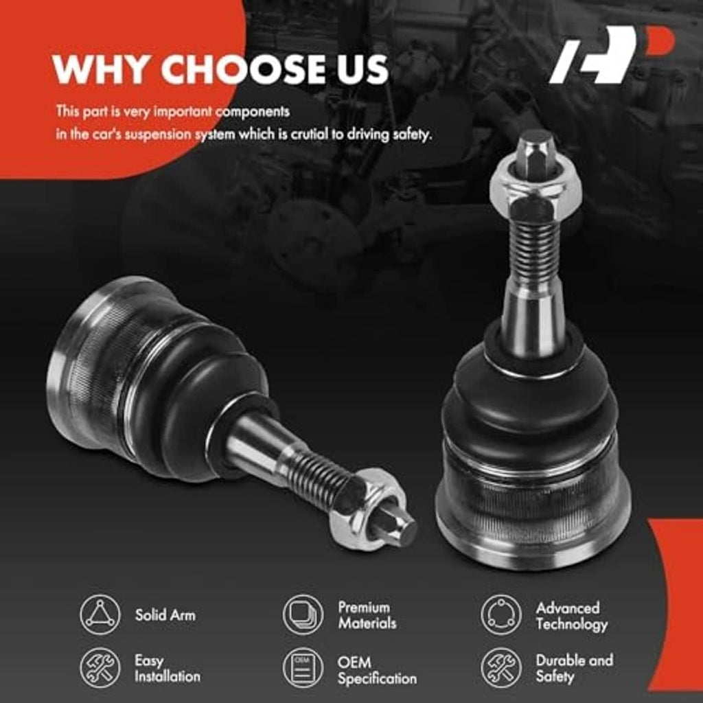 Pair of front upper ball joints with black rubber boots and silver threaded studs