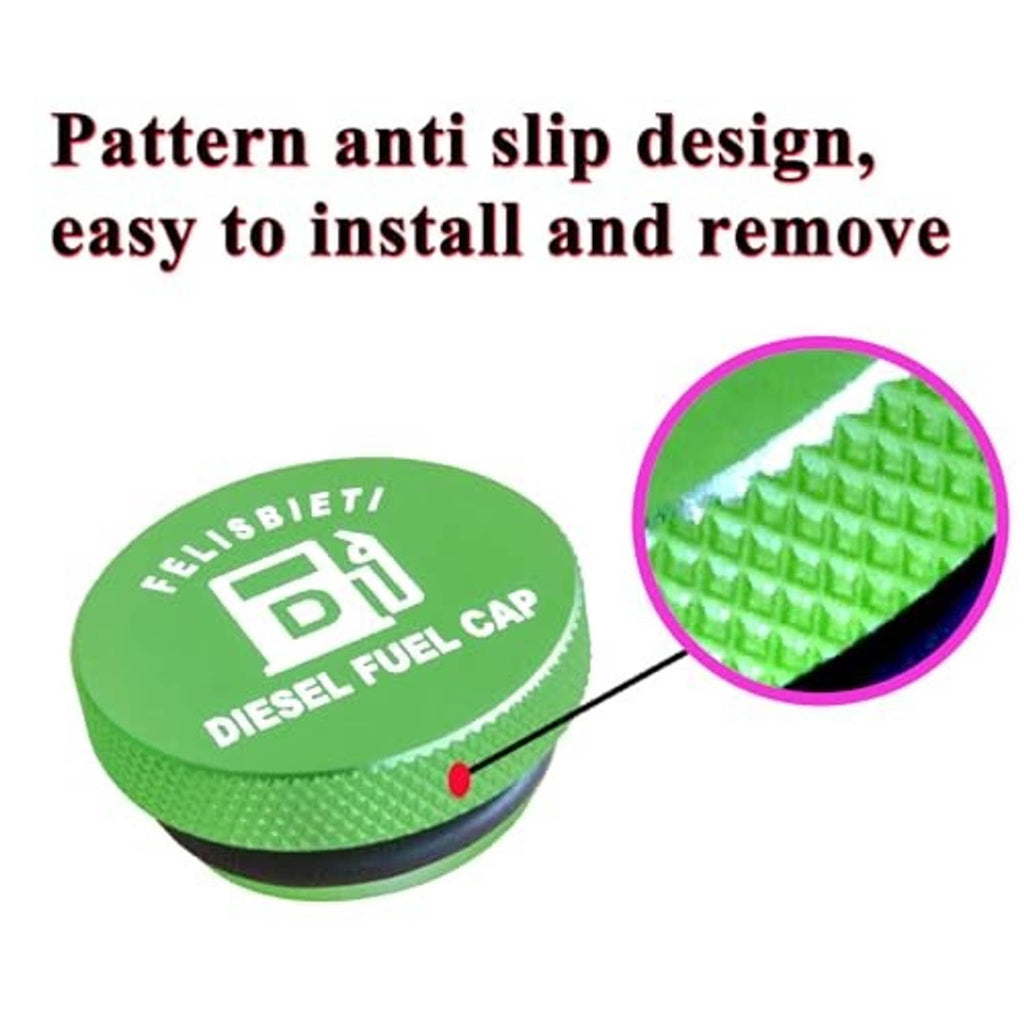 Green diesel fuel cap with anti-slip textured pattern on the side surface