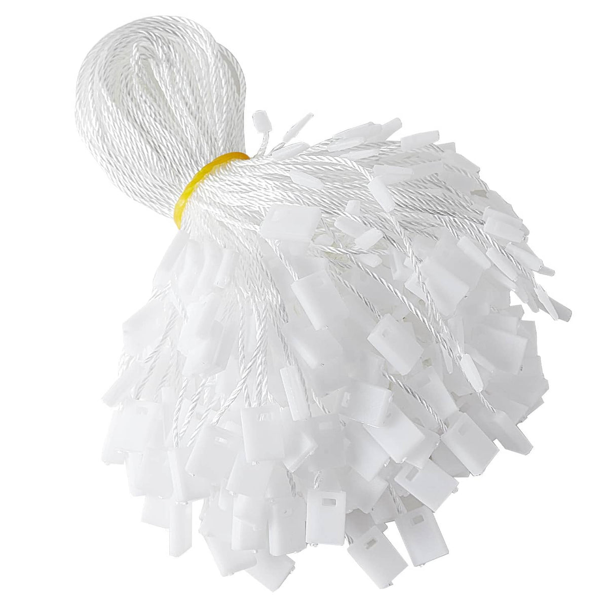 White hang tag snap-lock loop strings with flat rectangular clip ends, tied with yellow band