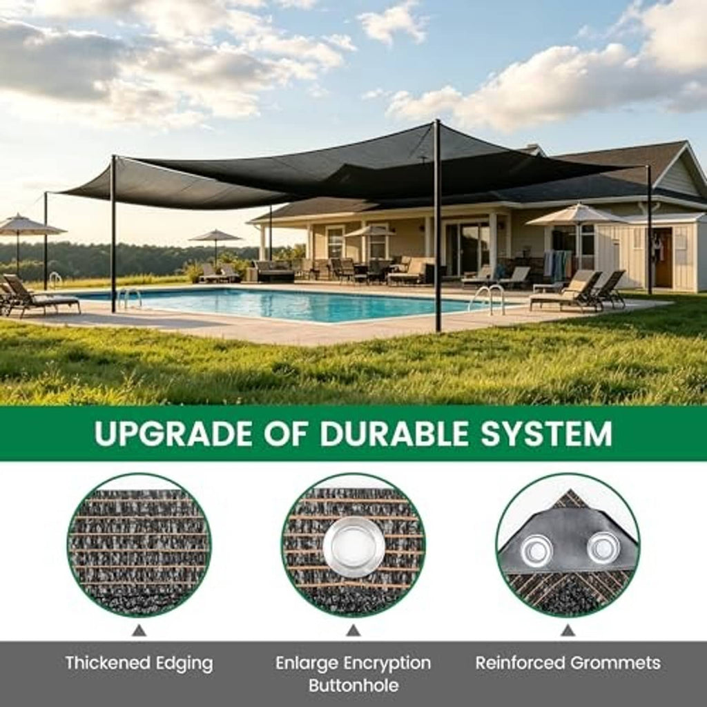 Woven sun shade cloth canopy with reinforced edges and metal grommets, dark gray/black