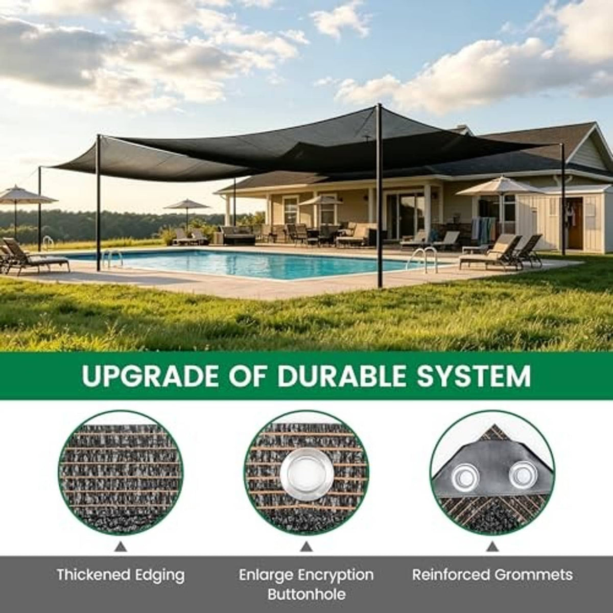 Woven sun shade cloth canopy with reinforced edges and metal grommets, dark gray/black