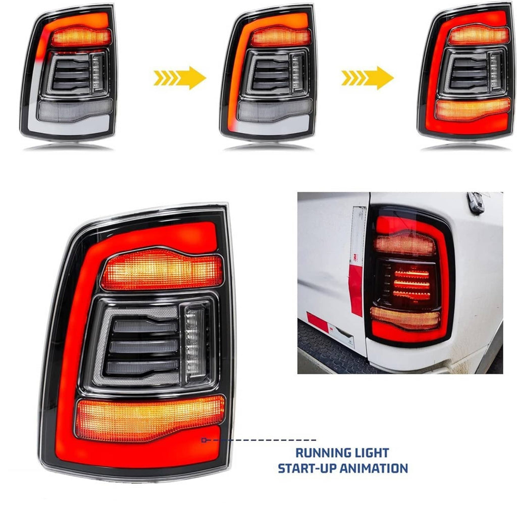 Tail light with sequential LED startup pattern in amber and red across the lens