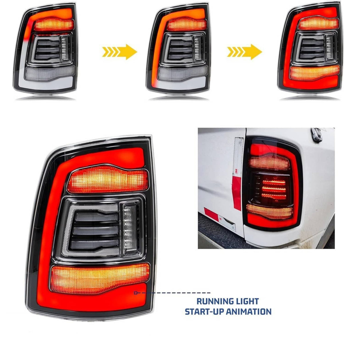 Tail light with sequential LED startup pattern in amber and red across the lens