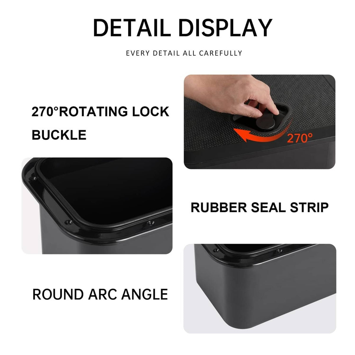 Black marine storage box detail with rotating lock buckle, seal strip, and curved corners