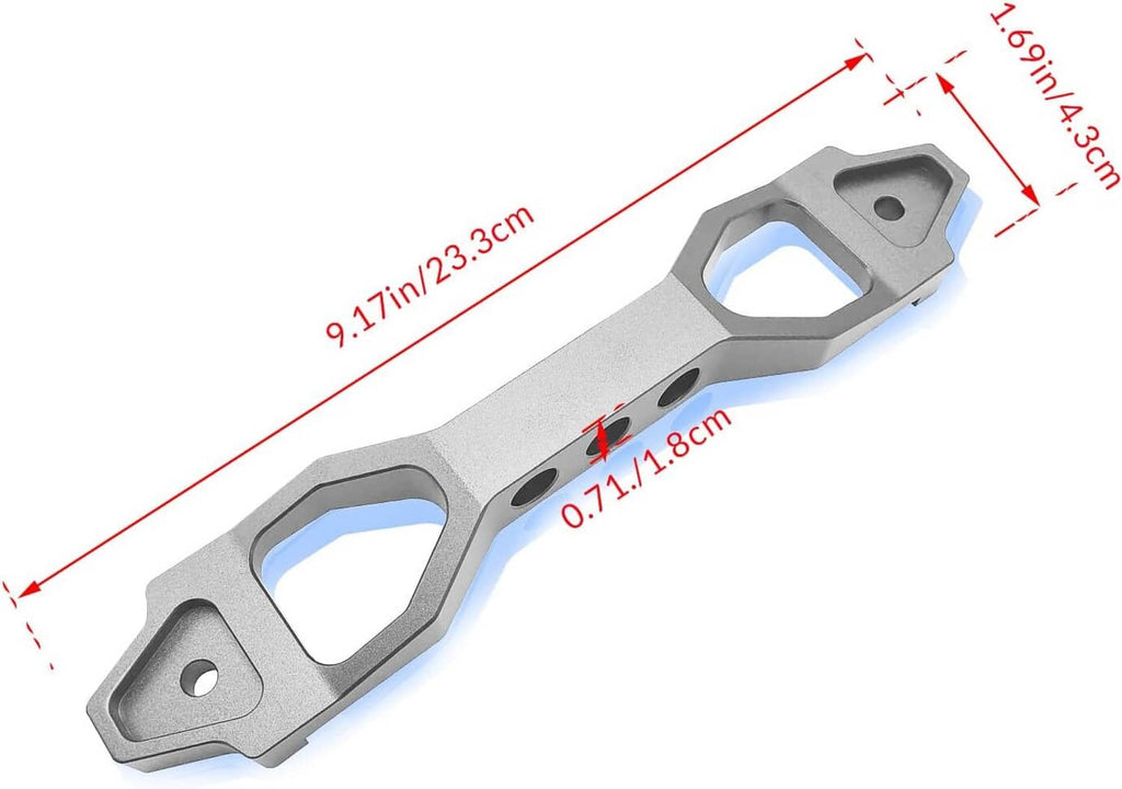 Long silver aluminum battery tie-down bracket with two large cutout openings