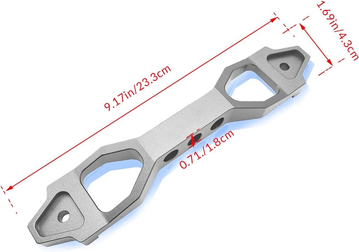 Long silver aluminum battery tie-down bracket with two large cutout openings