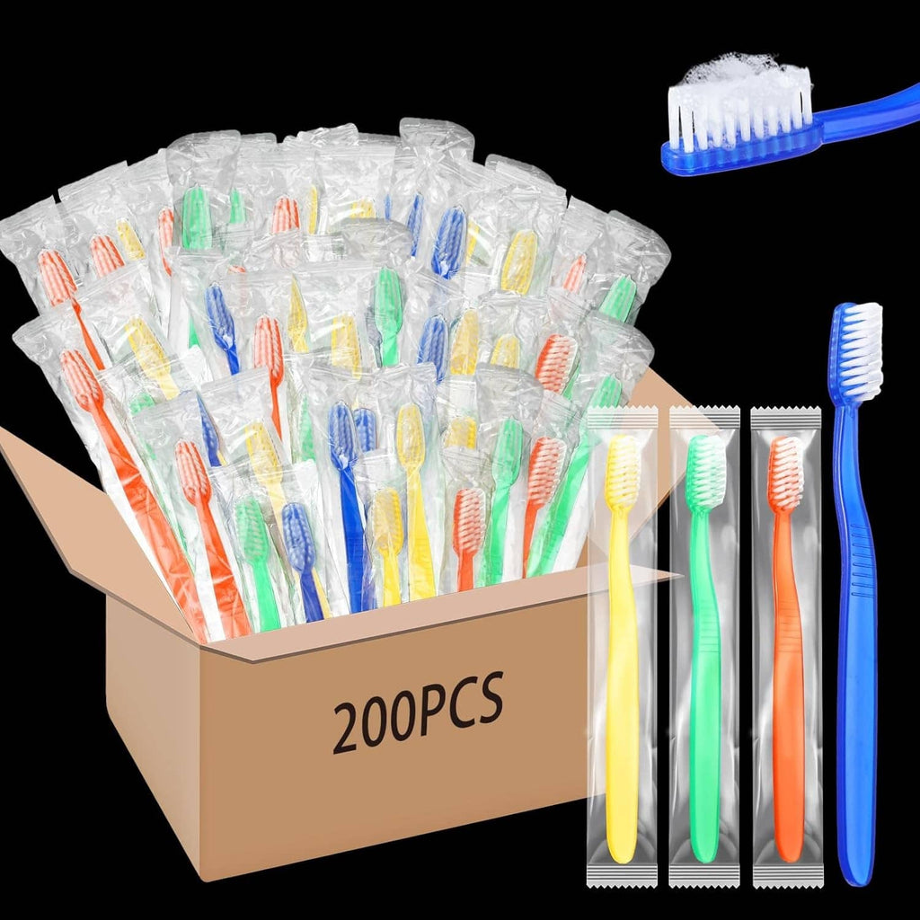 Bulk disposable toothbrushes, individually wrapped, assorted colors in cardboard box