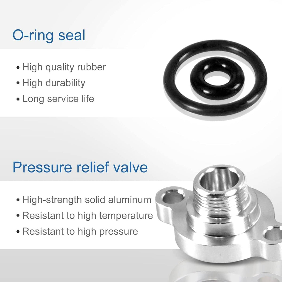Fuel pressure regulator kit with pressure relief valve and black O-ring seal