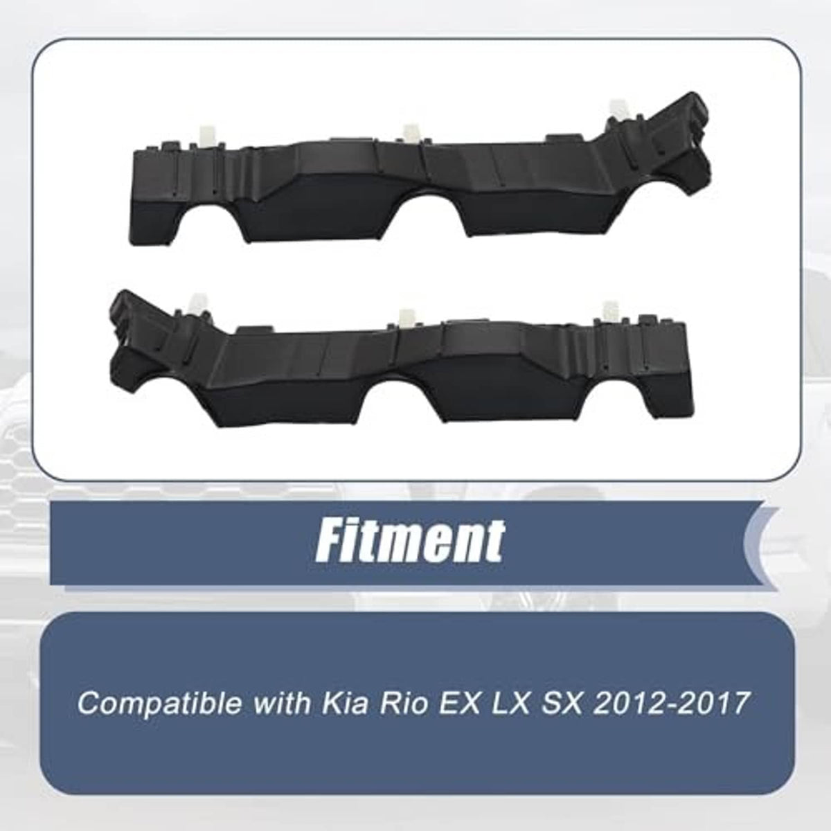 Front bumper support bracket set: two black brackets with mounting clips, side-by-side