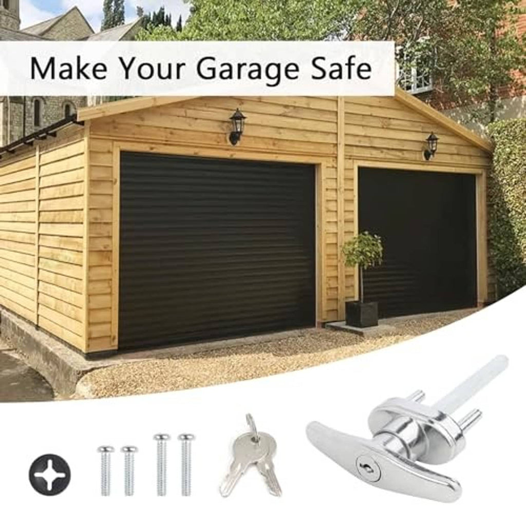 T-handle garage door lock with cylinder, 2 keys, and mounting screws, silver metal