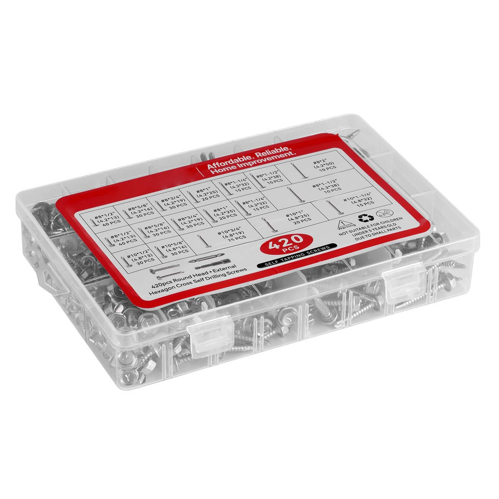 Self-drilling screw assortment set in clear case with red label and mixed hex/Phillips screws