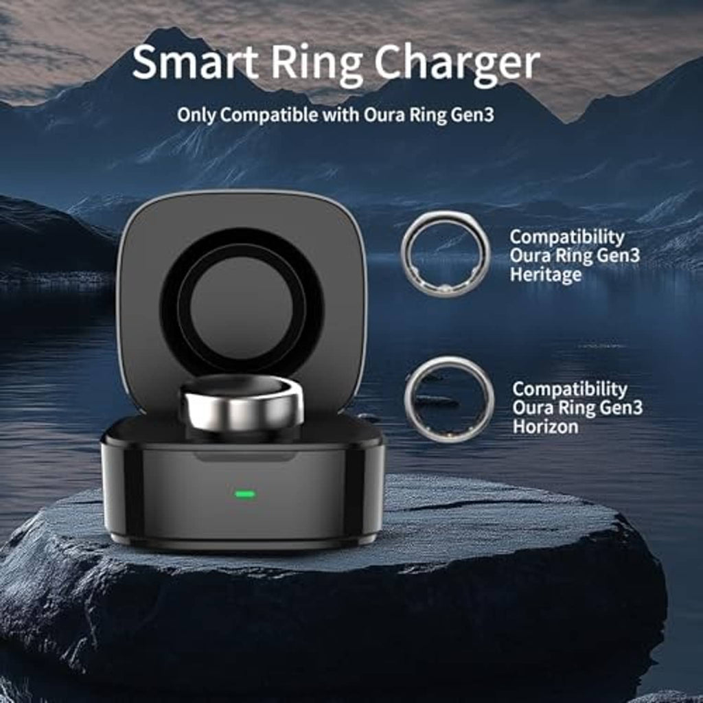 Black smart ring charging case with open lid and seated charging ring, green indicator LED
