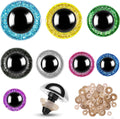Glitter safety eyes set with blue, yellow, green, black and assorted round eye backs