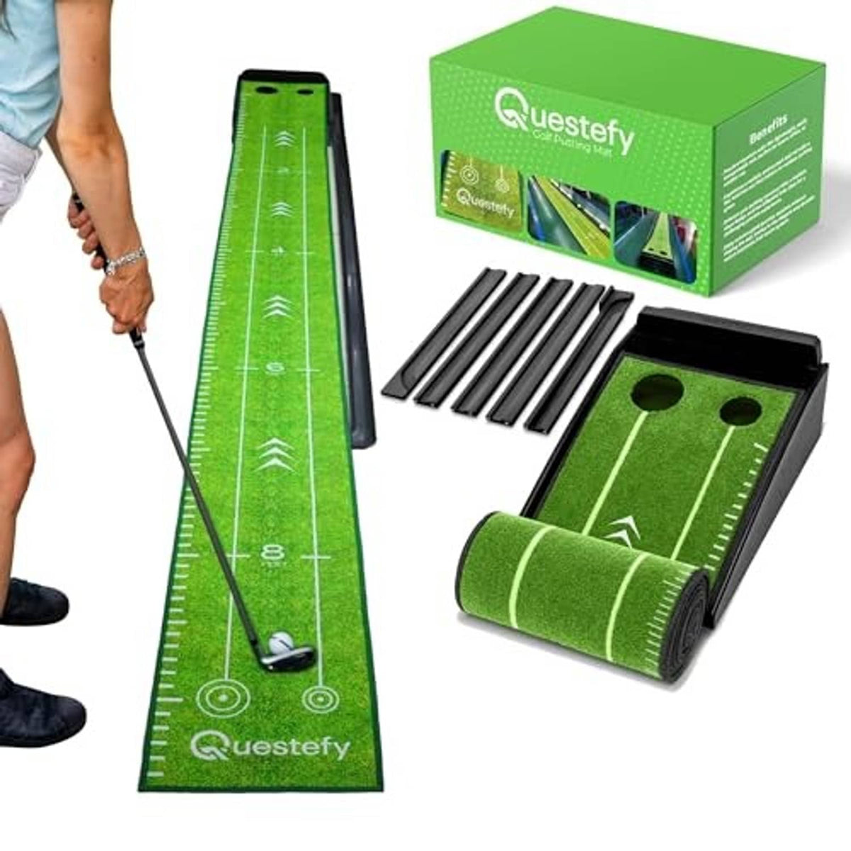 Long green putting mat with alignment lines and ball return track, non-slip base