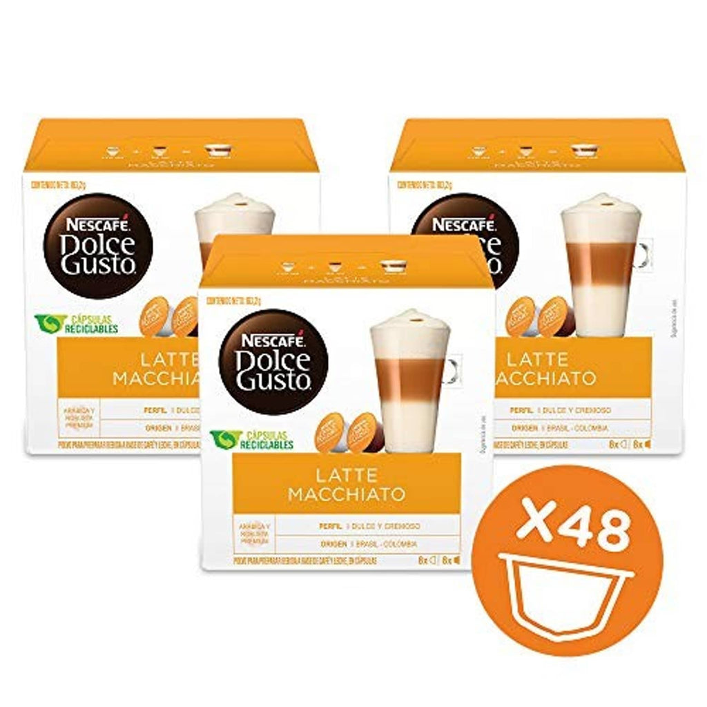 Latte macchiato coffee pod multipack with 48-count badge and three boxes