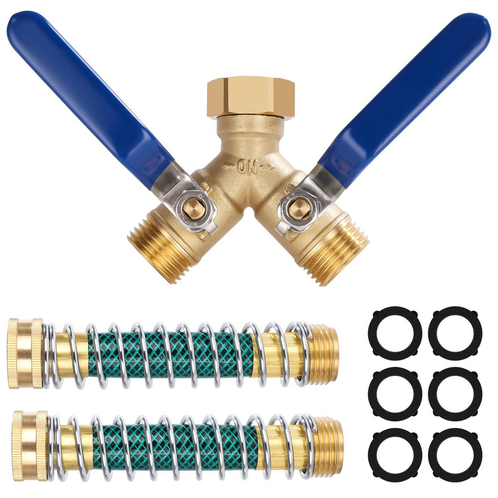 Brass garden hose splitter with two blue-handled valves and spring hose protectors