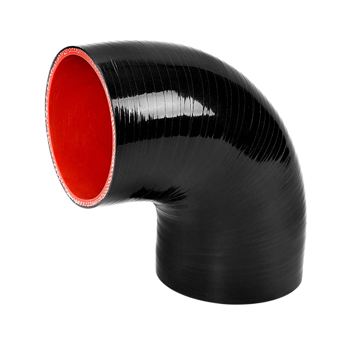 Black silicone hose elbow with red inner flange at inlet end