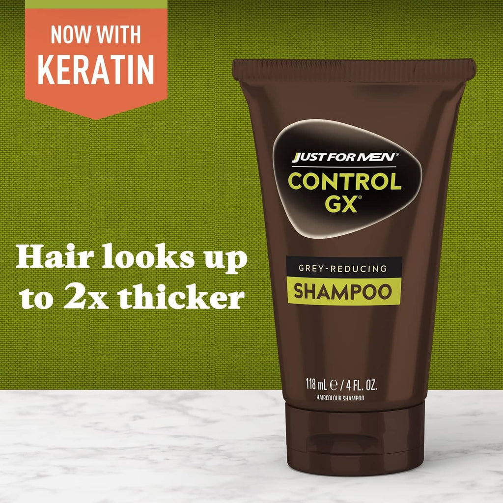 Control GX gray-reducing shampoo tube, brown, standing on countertop