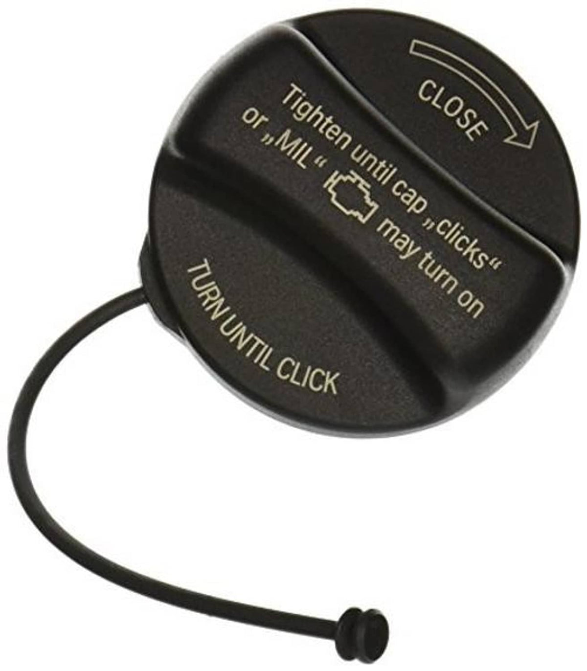 Fuel filler cap in dark plastic with tether cord, CLOSE label, and turn-to-click text