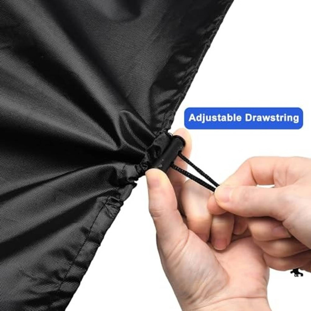 Black cover cinch with adjustable drawstring at the seam