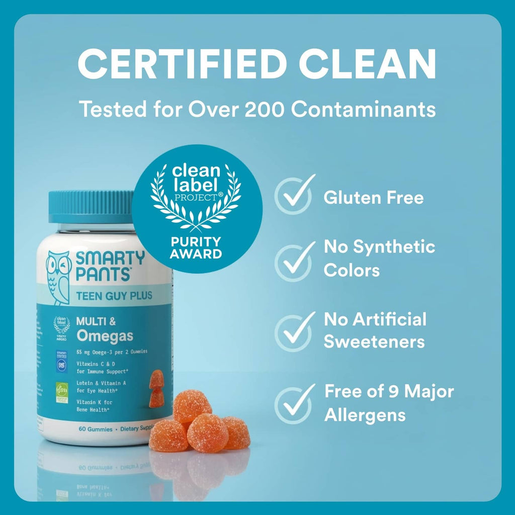 SmartyPants teen guy plus bottle with certified clean, gluten-free, and allergen-free badges