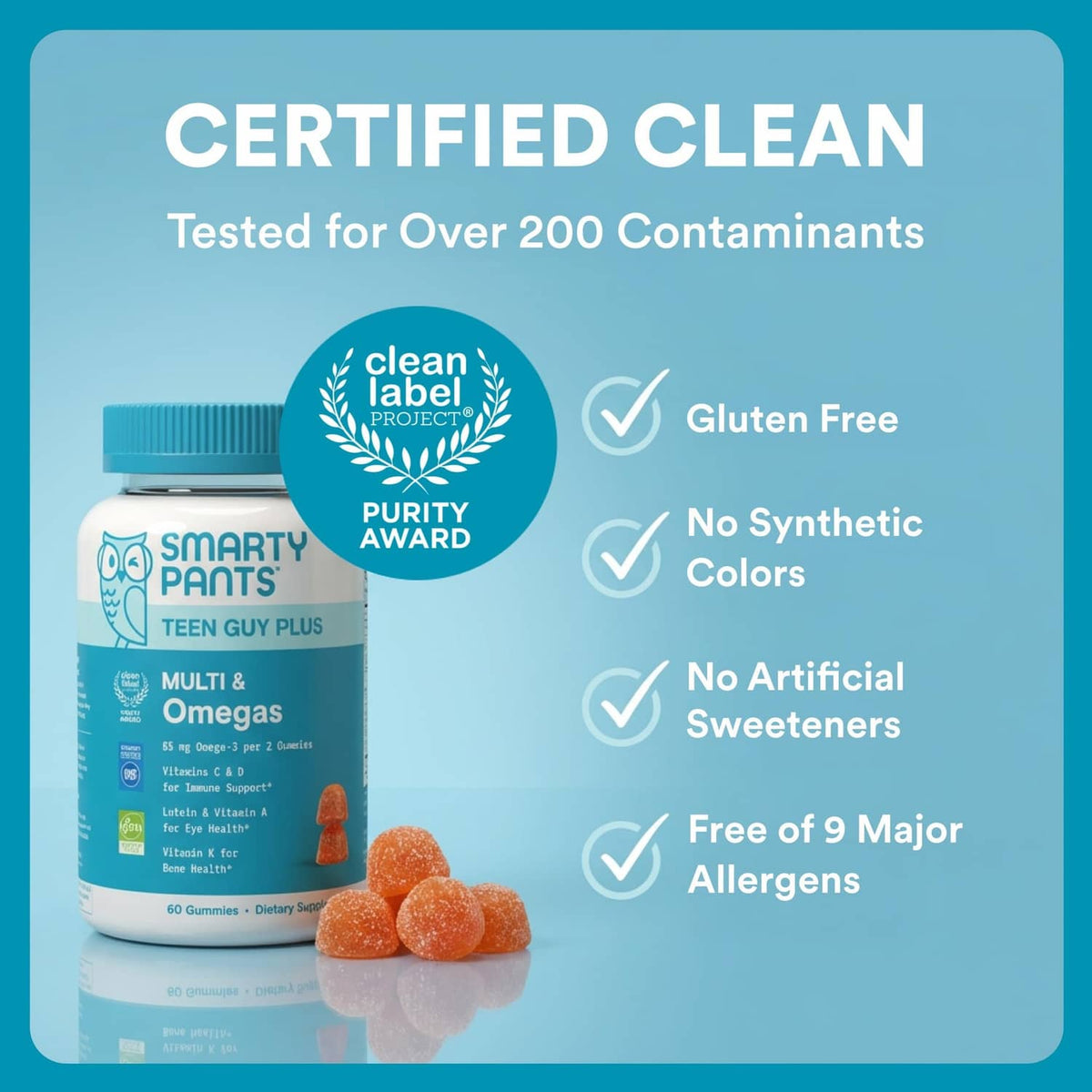 SmartyPants teen guy plus bottle with certified clean, gluten-free, and allergen-free badges