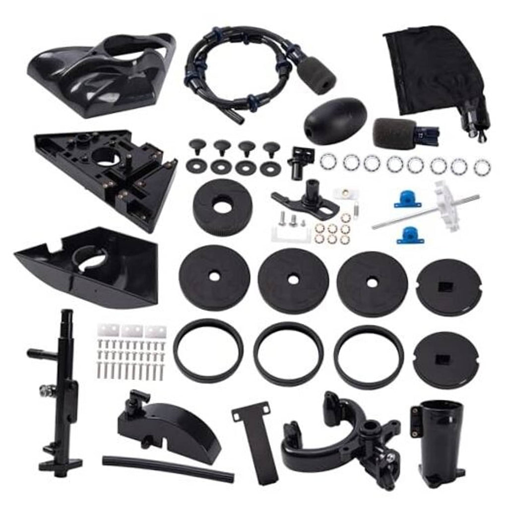 Pool vacuum head rebuild kit with black hoses, wheels, rings, and hardware components