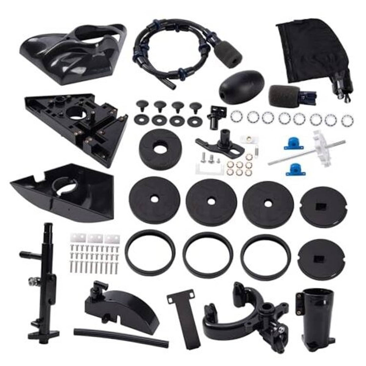 Pool vacuum head rebuild kit with black hoses, wheels, rings, and hardware components