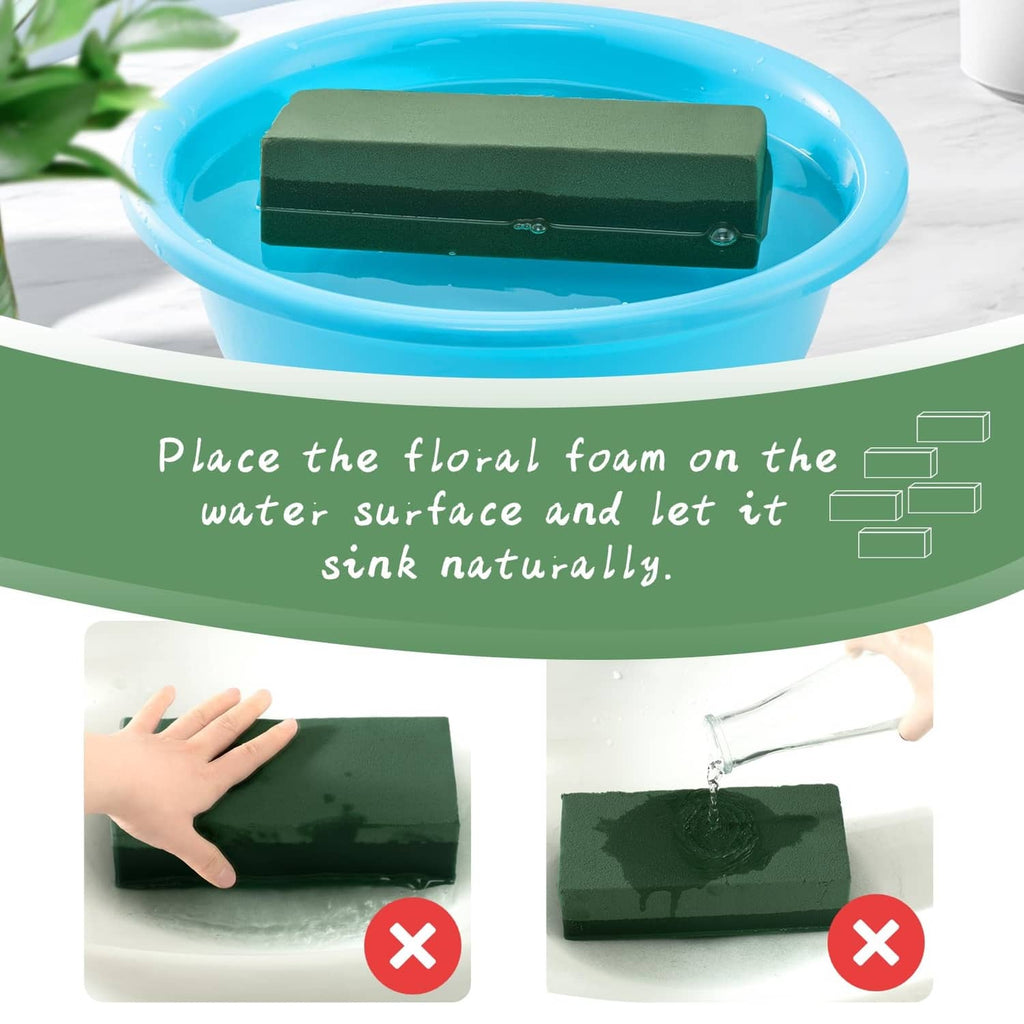 Dark green floral foam block soaking in a water tub