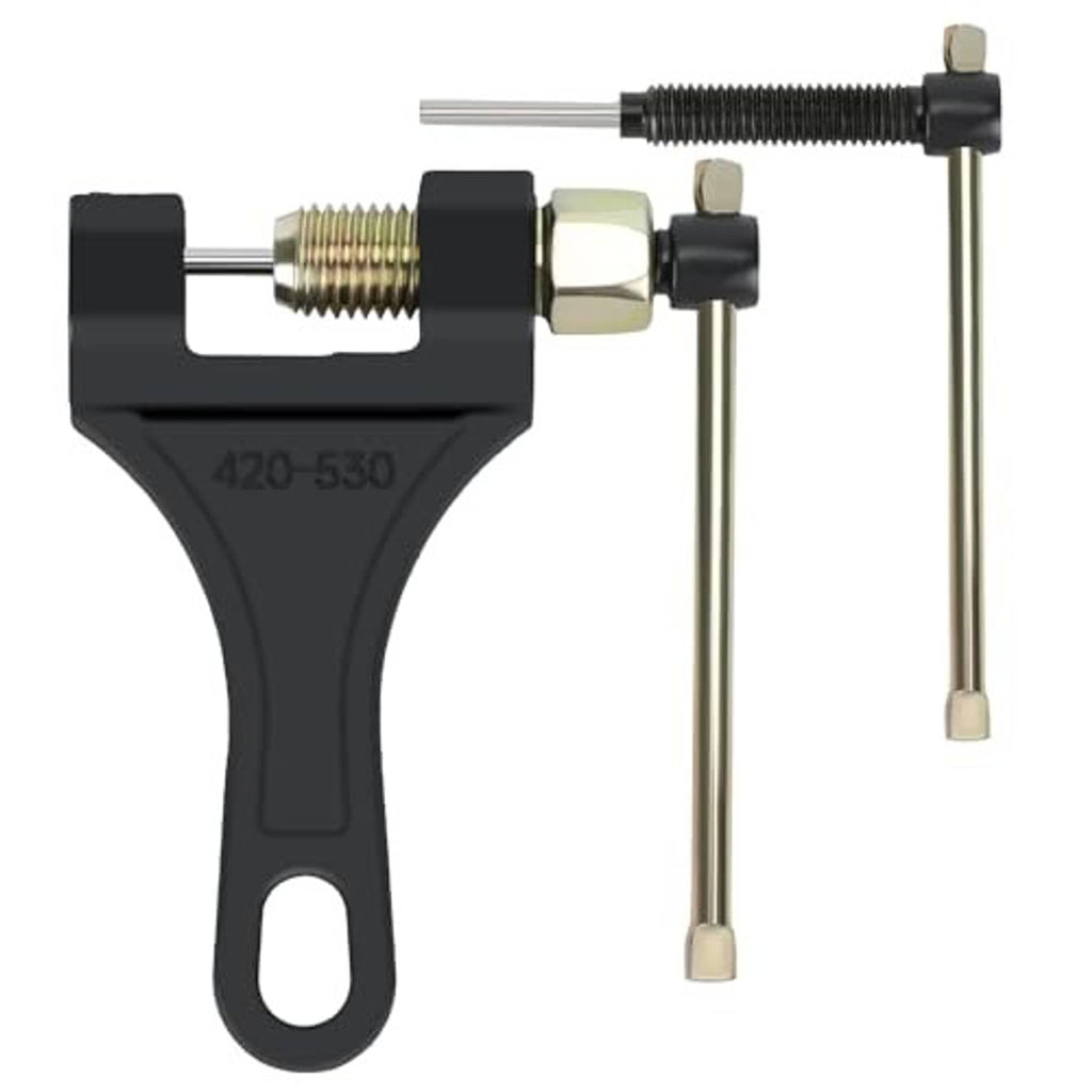 Universal motorcycle chain breaker tool with black U-frame and threaded press bolt