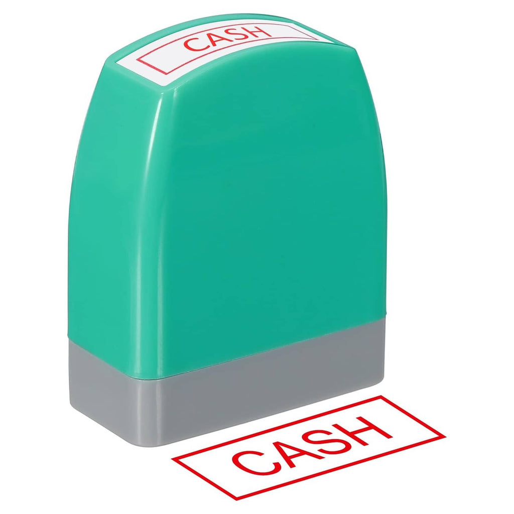 Green self-inking cash stamp with red CASH label on top and gray base