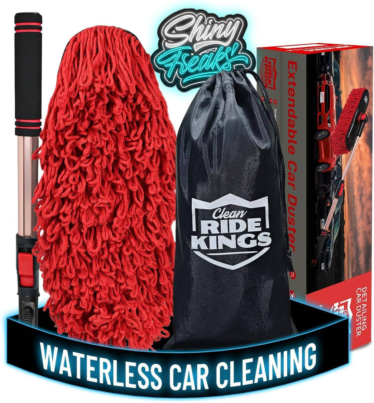Waterless car cleaning duster kit with red microfiber mop and black storage sleeve