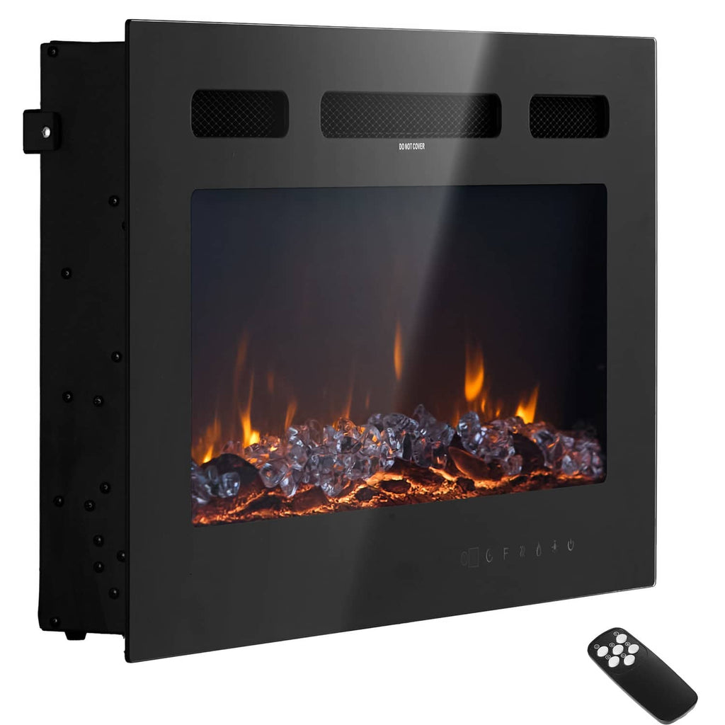 Wall-mounted electric fireplace with black glass front, glowing embers, and remote control