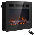 Wall-mounted electric fireplace with black glass front, glowing embers, and remote control