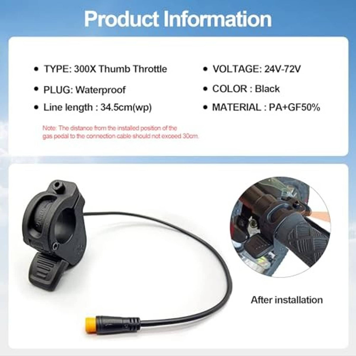 Black 300X thumb throttle with cable, waterproof connector, and after-install view