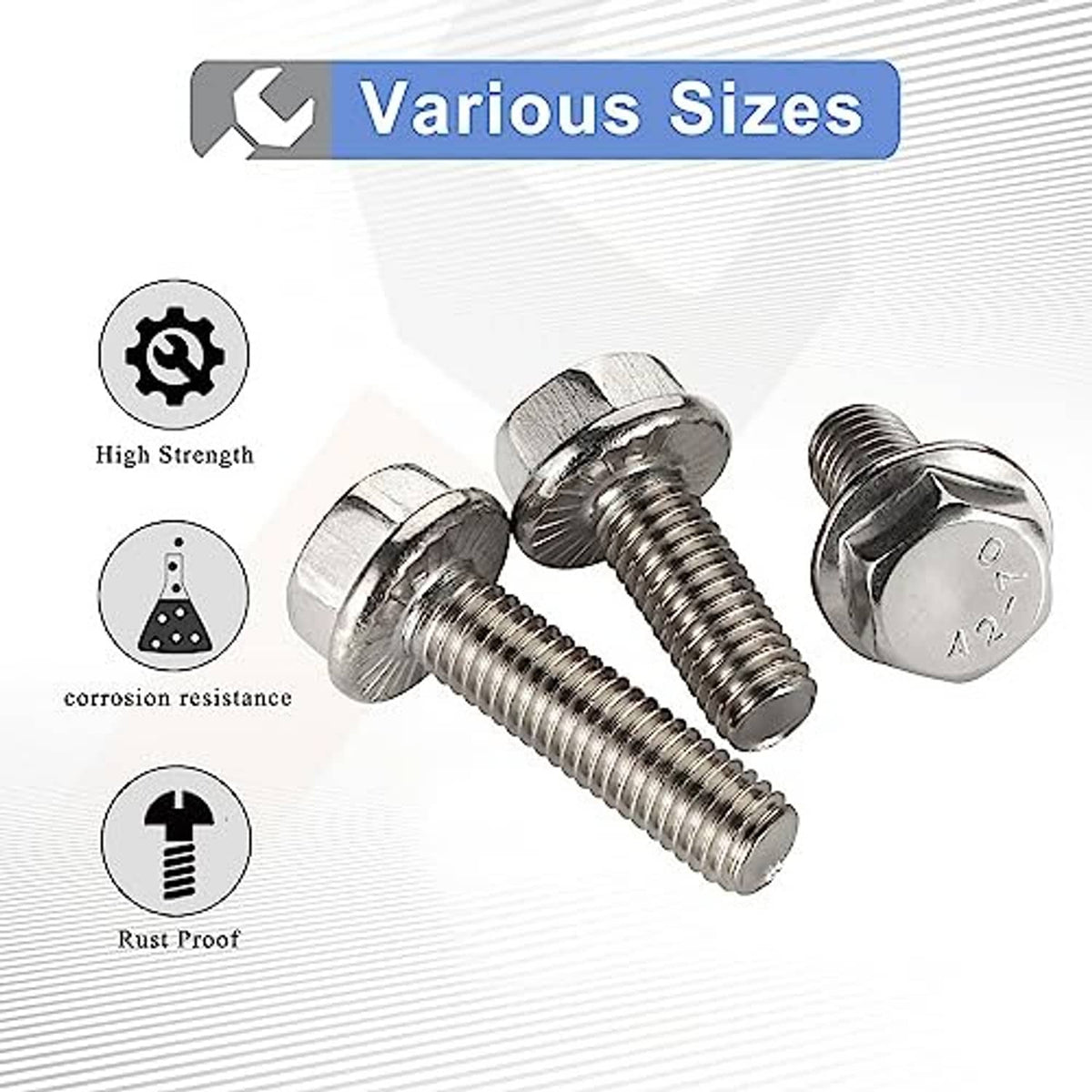 Silver flanged hex head bolts with visible threads and hex head flange