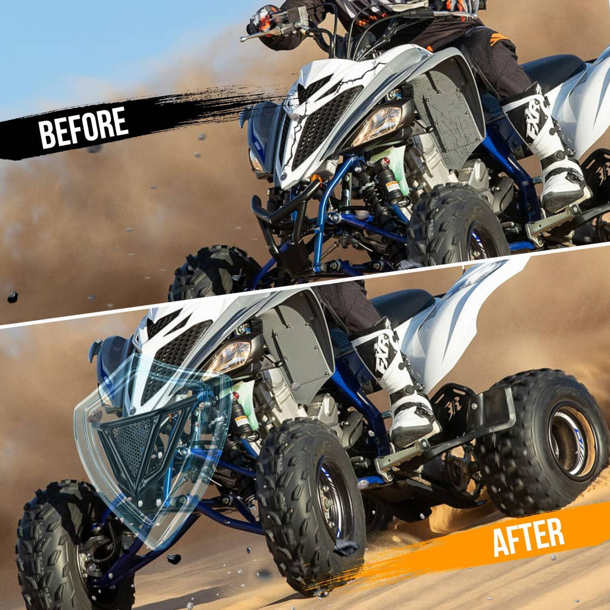 Black ATV front bumper guard on motorcycle front, perforated mesh insert