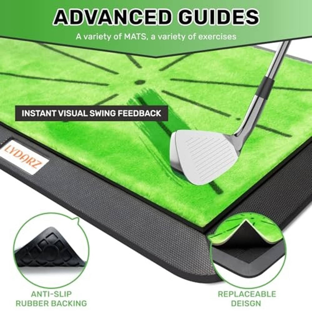 Golf practice mat corner with green turf insert and anti-slip rubber backing