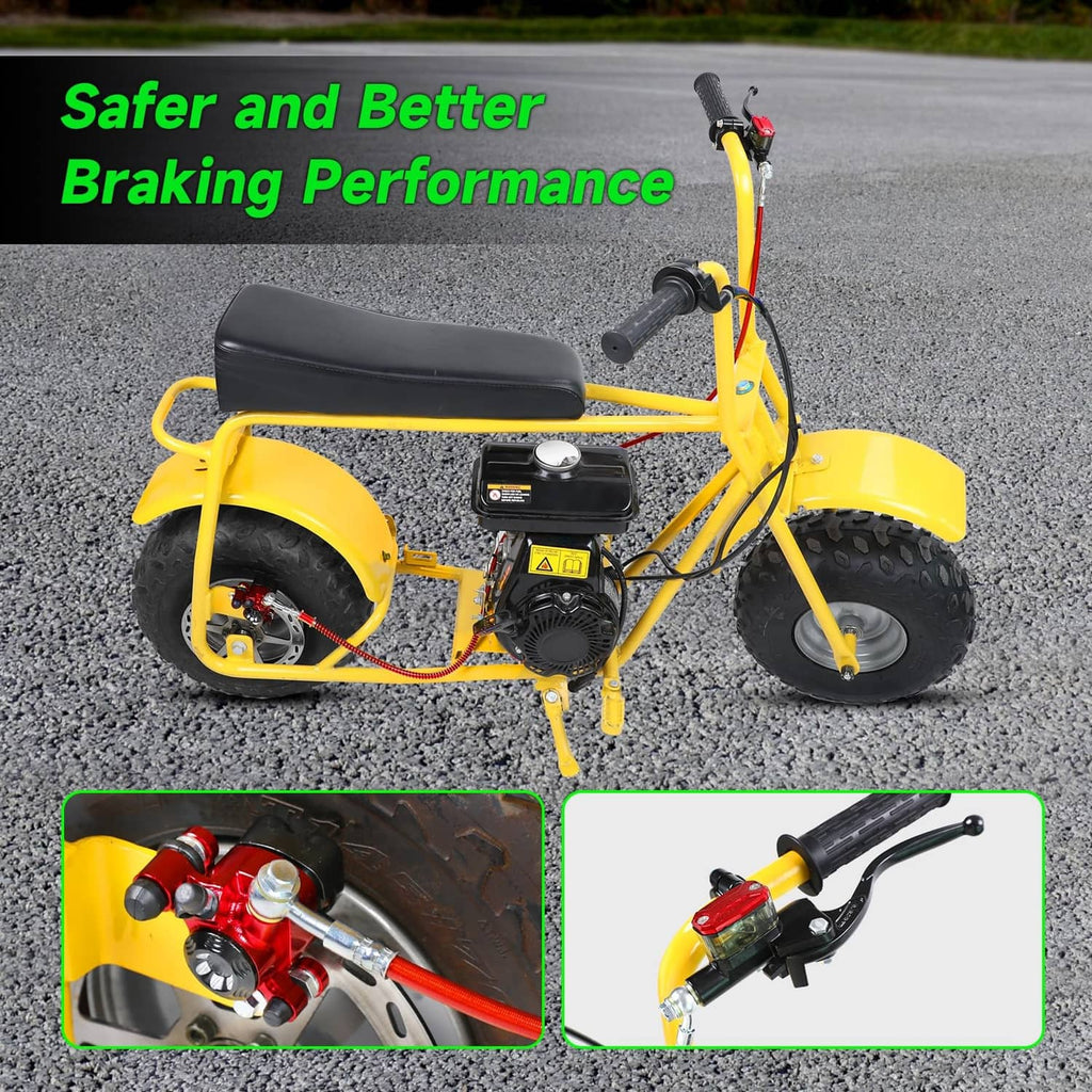 Mini bike with red hydraulic brake caliper and lever installed, connected to red hose