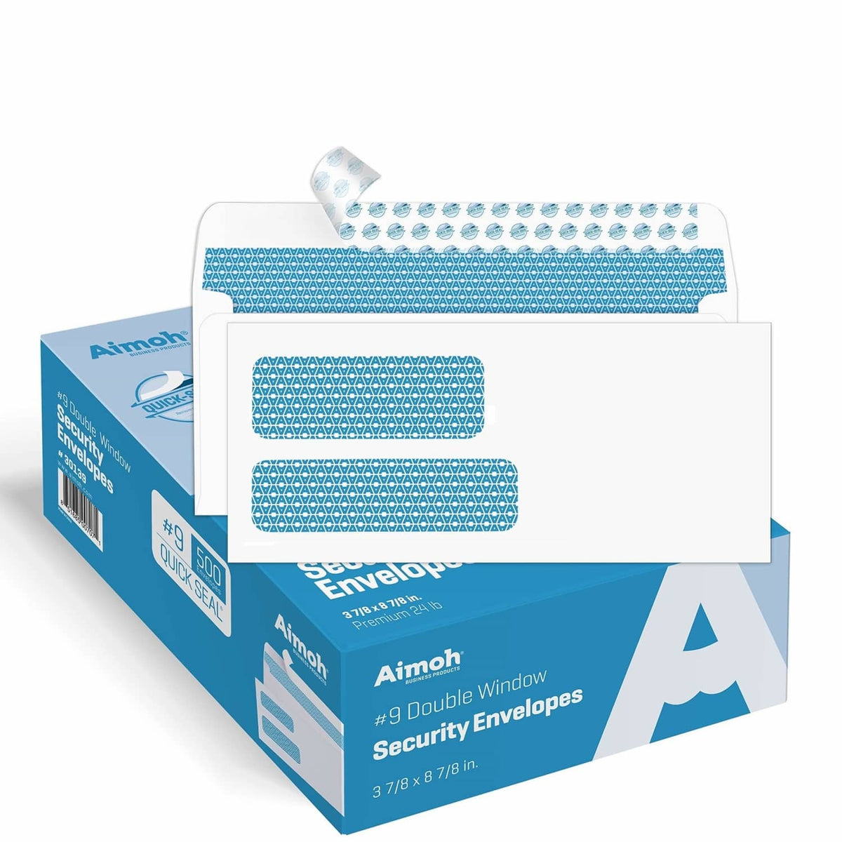 Security envelopes and box, white with double blue window design and self-seal tabs