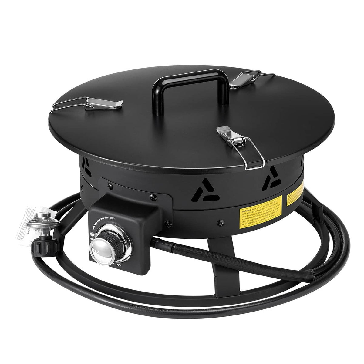 Black round propane gas fire pit with closed lid, side handle, and front control knob