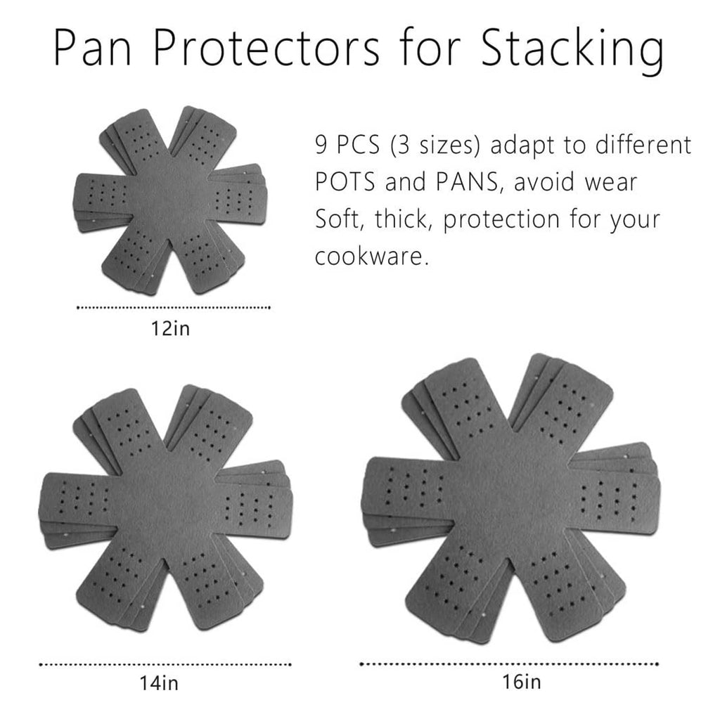 Gray pot protectors in a fan stack, star-dot perforation pattern for different sizes.