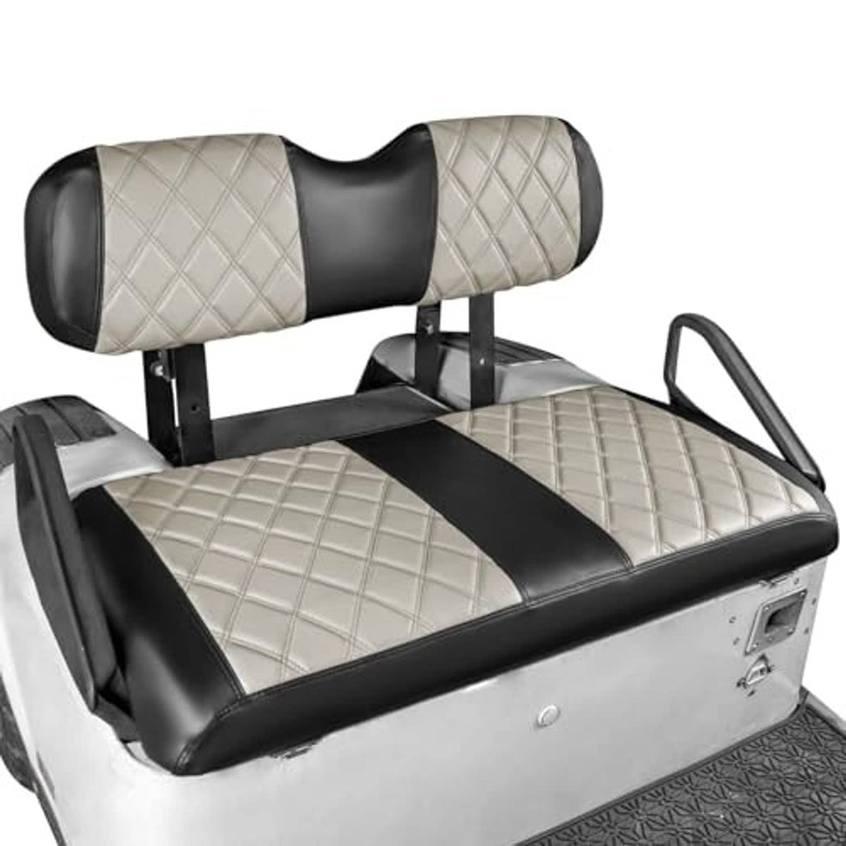 Golf cart seat cover set with oyster-gray diamond quilting and black padded side bolsters