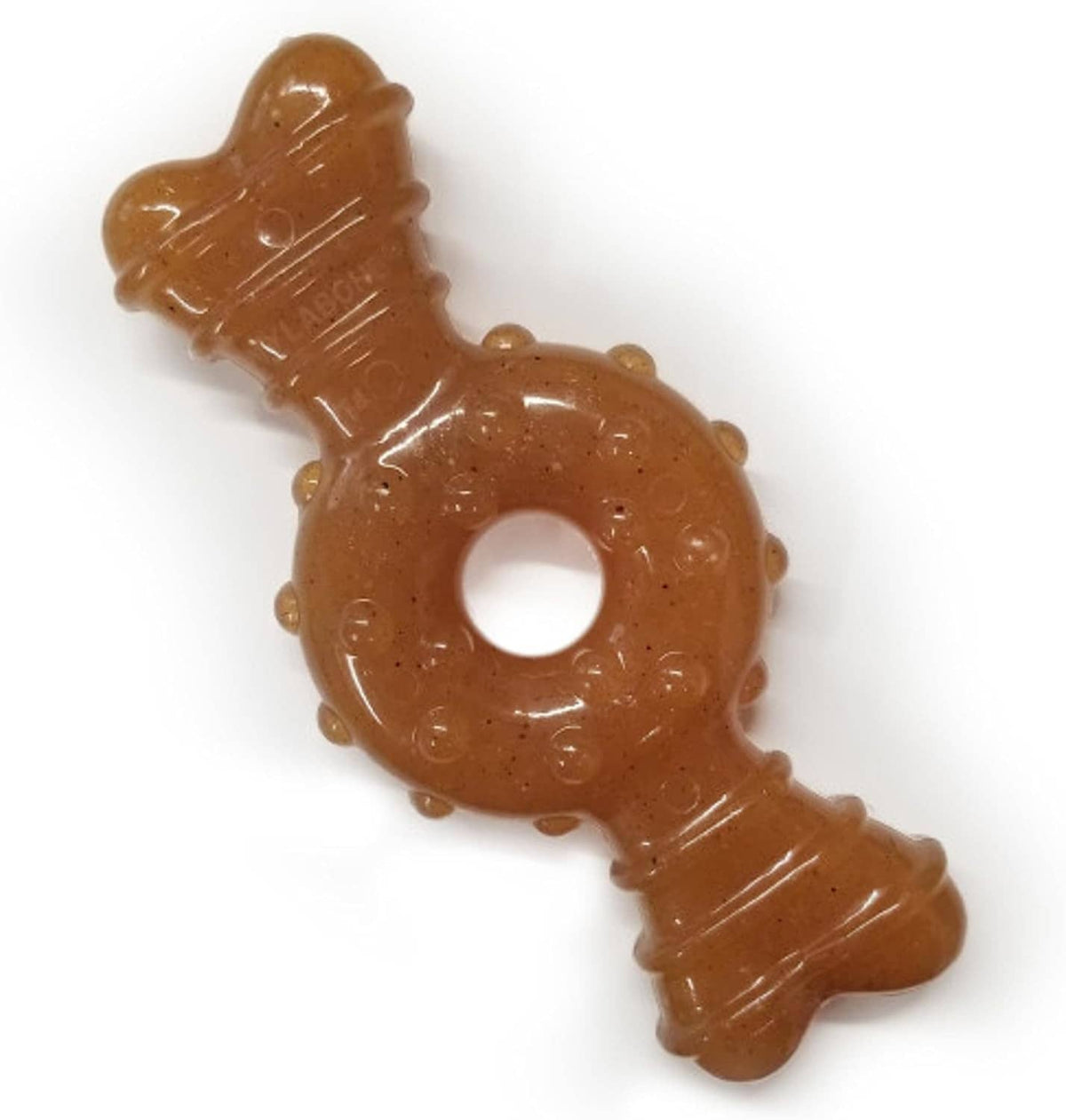 Brown bone-shaped chew ring toy with central hole for dogs